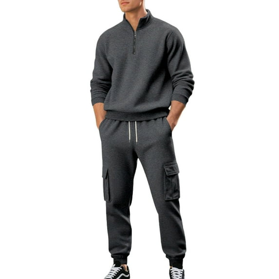 Wdfiry 2 Piece Men's Jogger Sets Casual Solid Color Plus Size Sweatsuits Half Zipper Stand Collar Long Sleeve Sweatshirts and Side Pockets Cargo Pants Sets