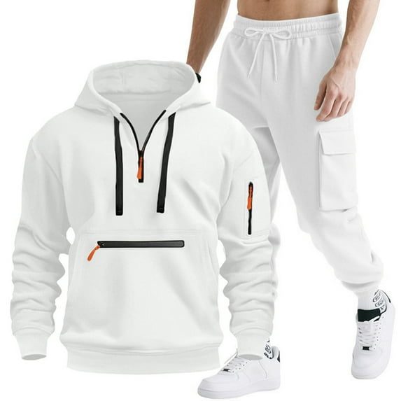 Wdfiry 2 Piece Men's Tracksuits Solid Color Long Sleeve Plus Size Hoodies Sets Quarter Zipper Drawstring Sweatshirts with Zipper Pockets and Drawstring Cargo Sweatpants Sets