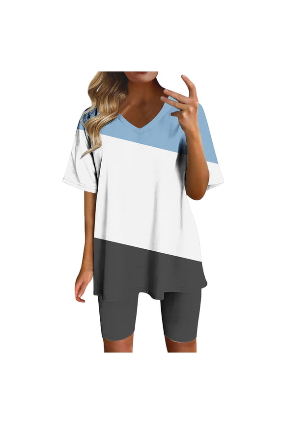 Wdfiry 2 Piece Sets for Women Summer Loungewear Outfits Plus Size V Neck T Shirts Tops Biker Shorts Set Tracksuit