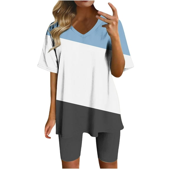 Wdfiry 2 Piece Sets for Women Summer Loungewear Outfits Plus Size V Neck T Shirts Tops Biker Shorts Set Tracksuit