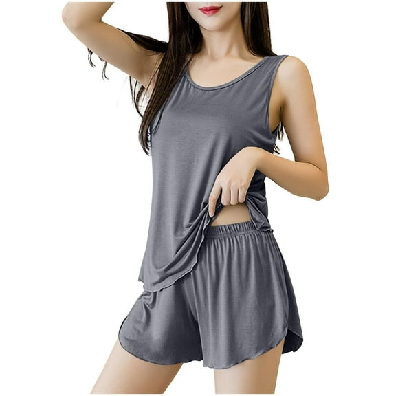 Wdfiry 2 Piece Womens Pajamas Sets Round Neck Tank Tops and Shorts Loungewear Sets Solid Color Summer Plus Size Pajamas Sets