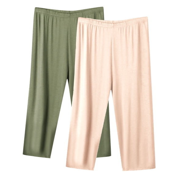 Wdfiry 2PC Cotton Capri Pajama Pants Womens Plus Size Elastic Waist Capris Cozy Soft Sleep Pjs Bottom Cropped Loungewear