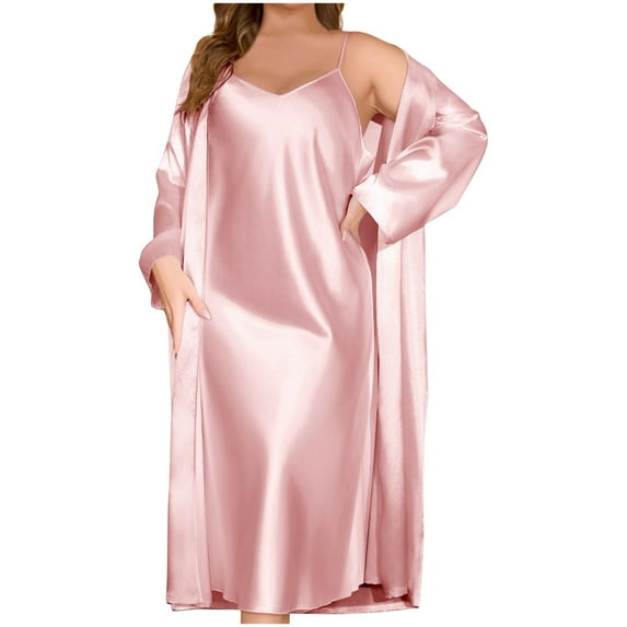 Wdfiry 2PC Nightgowns Set for Women Comfortable Sleeveless Spaghetti Strap Nightshirt + Nightgown Robe Homewear Solid Color Plus Size Silk Satin Long Pajamas Dress Set