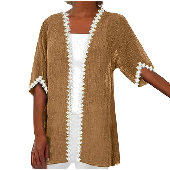 Wdfiry 3/4 Sleeve Cardigan For Women Lightweight Linen Cotton Summer Cardigans Casual Loose Open Front Thin Sweaters Jacket