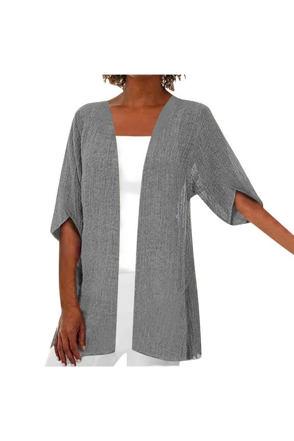3/4 Sleeve Cardigan For Women Lightweight Linen Cotton Summer Cardigans Casual Loose Open Front Thin Sweaters Jacket