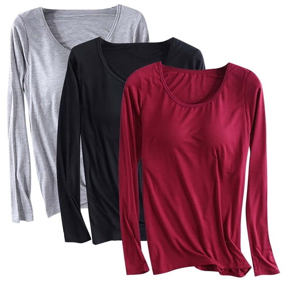 Wdfiry 3PC Women's Basic Scoop Neck Long Sleeve Shirt with Built in Bra Slim Fit Solid Color Padded Top Pullover Base Layer Tee
