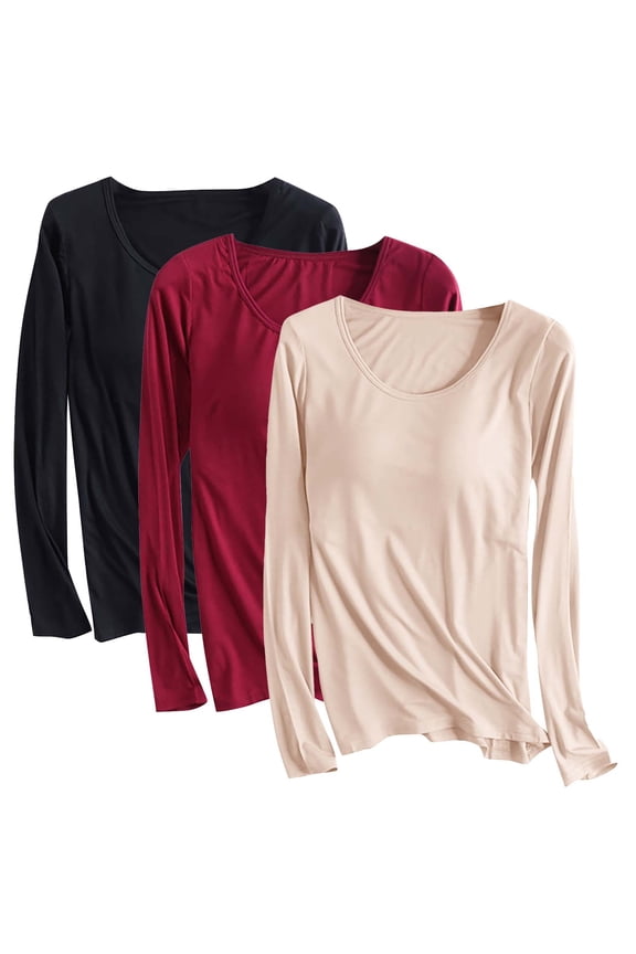 3PC Women's Basic Scoop Neck Long Sleeve Shirt with Built in Bra Slim Fit Solid Color Padded Top Pullover Base Layer Tee