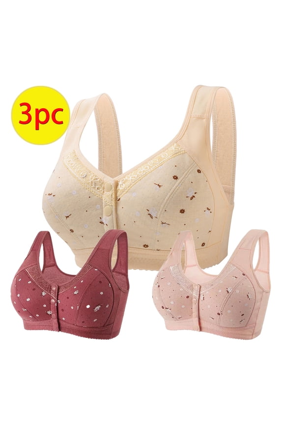 3PC Women's Daily Bra Plus Size Push Up Bras No Underwire High Support Front Closure Front Snaps Full Coverage Easy Close Sports Bras