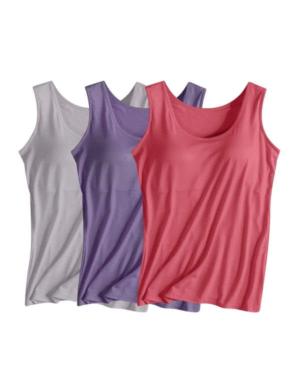 3PC Women's Tank Top with Built in Bra Sleeveless Wide Shoulder Strap Camisoles Basic Cami Tanks Summer Padded Bra Undershirt for Workout Sleeping Traveling