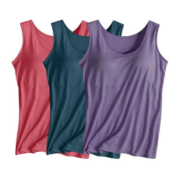 Wdfiry 3PC Women's Tank Top with Built in Bra Sleeveless Wide Shoulder Strap Camisoles Basic Cami Tanks Summer Padded Bra Undershirt for Workout Sleeping Traveling