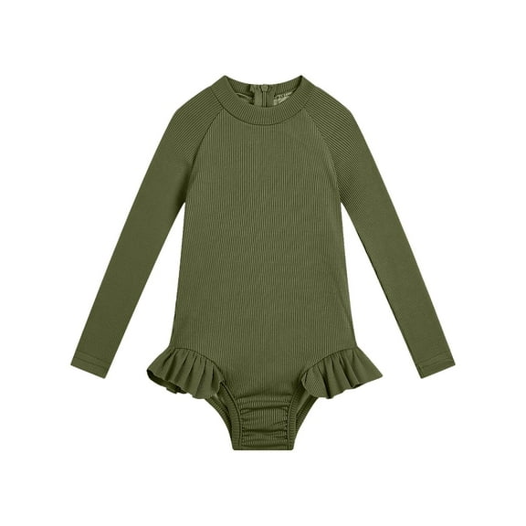 Ohufall Baby and Toddler Girls One-Piece Swimsuit Fashion Solid Long Sleeve Ribbed Bathing Suit Summer Comfy Breathable Beach Swimwear for Little Girls, Sizes 12M-5Y