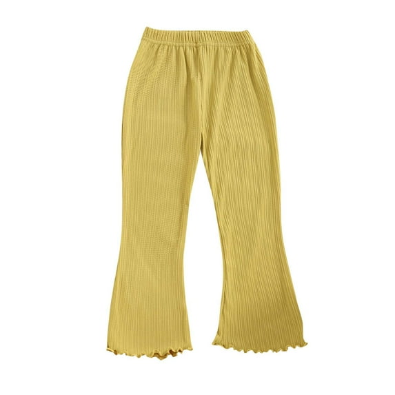 Ohufall Bell Bottoms Pants for Girls Fashion Casual Solid Color Stretchy Elastic Waist Trouser Pants Slim Fit Wide Leg Ruffle Flared Pant, 2-13 Years