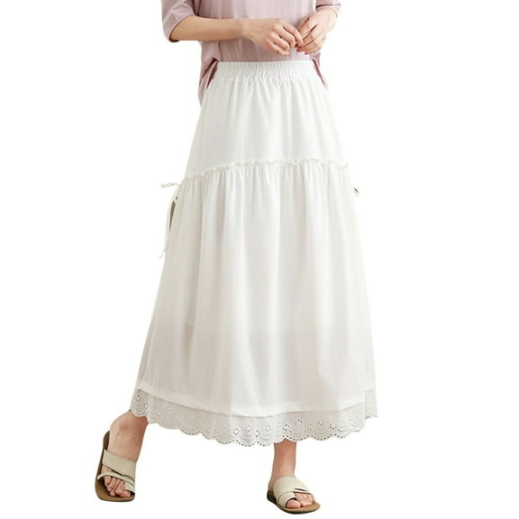 Wdfiry Boho Maxi Skirts for Women Fashion Casual Solid Elastic High Waist Midi Skirt Women's A Line Lace Ruffle Swing Long Skirts