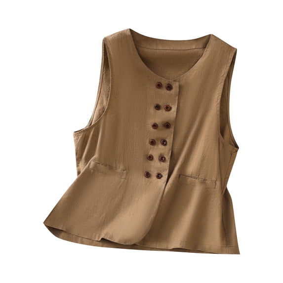 Ohufall Button Down Vest Tops for Women Fashion Solid Color Casual Cotton Linen Tank Tops Summer Loose Comfy Sleeveless Round Neck Blouses