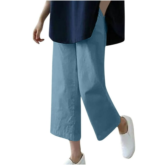 Ohufall Capri Pants for Women Summer Solid Casual Straight Leg Capris Plus Size Cotton and Linen Cropped Pants