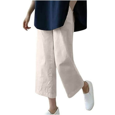 Ohufall Capri Pants for Women Summer Solid Casual Straight Leg Capris Plus Size Cotton and Linen Cropped Pants