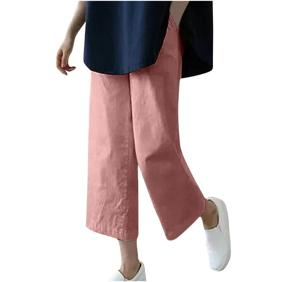 Ohufall Capri Pants for Women Summer Solid Casual Straight Leg Capris Plus Size Cotton and Linen Cropped Pants