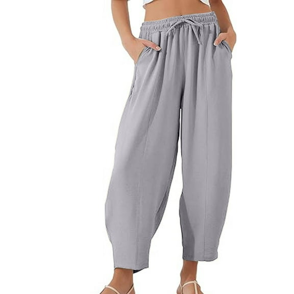 Ohufall Capris for Women Summer Fashion Solid Color Ice Silk Capri Pants Loose Fit Drawstring Elastic Waist Cropped Pants