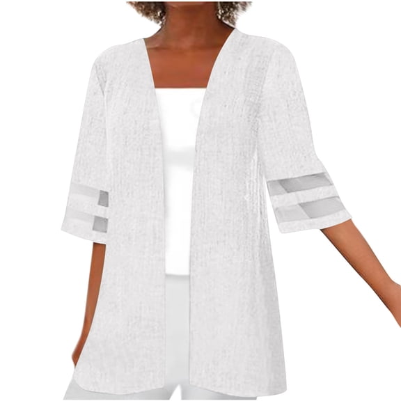 Wdfiry Cardigan for Women Summer Mesh Shirt Panel 3/4 Bell Sleeve Solid Cotton Linen Casual Loose Kimono Cardigans