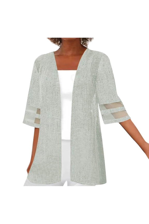 Cardigan for Women Summer Mesh Shirt Panel 3/4 Bell Sleeve Solid Cotton Linen Casual Loose Kimono Cardigans