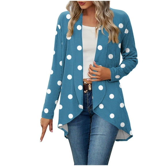 Wdfiry Cardigans for Women Trendy White Polka Dot Long Sleeve Outerwear Casual Open Front Irregular Hem Cardigan