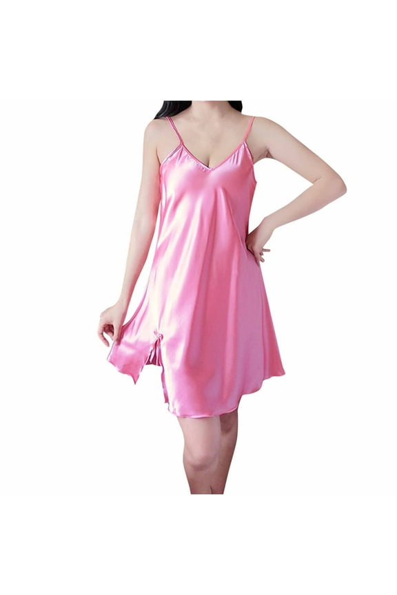 Chemise Sleepshirts for Women Sexy Solid Satin Slip Silk Sleeveless Nightgown Casual Light Side Split V-Neck Nightshirt