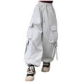 thumbnail image 1 of Ohufall Children's Cargo Pants Casual Solid Elastic High Waist Cotton Pant Fashion Loose Wide Leg Cargo Trousers with Mulit Pockets, 5-16 Years, 1 of 3