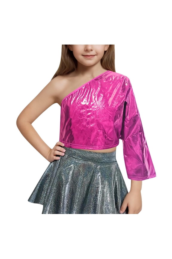 Children's Performance Costume Sequin T-shirt Solid Sloping Shoulder T-shirt With Exposed Waist and Navel Shoulder Top,3-16 Years