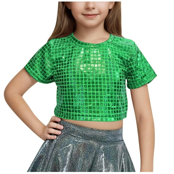 Ohufall Children's Performance Outfit Sequined Short Sleeved T-shirt Fashion Solid Exposed Waist and Navel Round Neck Top Tshirt,3-16 Years