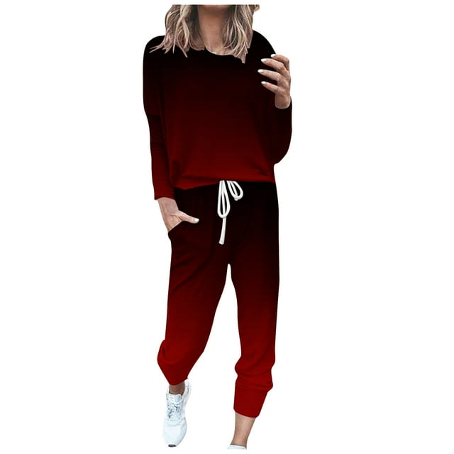 Wdfiry Clearance Sales,Women's Two Piece Tracksuit Long Sleeve 2 Pieces Jogger Sets with Pockets Gradient Plus Size Two Piece Outfits with Drawstring