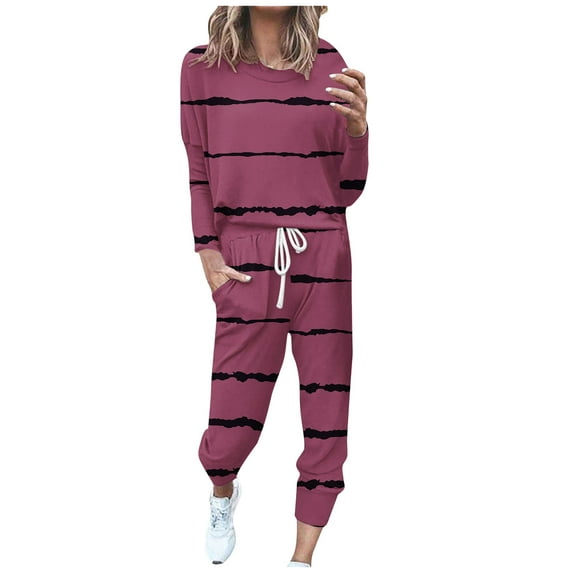 Wdfiry Clearance Sales,Women's Two Piece Tracksuit Long Sleeve 2 Pieces Jogger Sets with Pockets Stripes Plus Size Two Piece Outfits with Drawstring