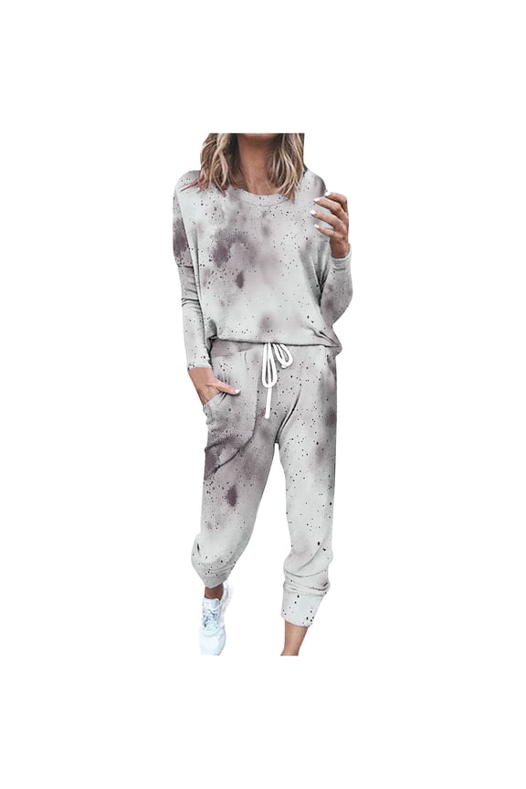 Clearance Sales,Women's Two Piece Tracksuit Long Sleeve 2 Pieces Jogger Sets with Pockets Tie-dye Plus Size Two Piece Outfits with Drawstring