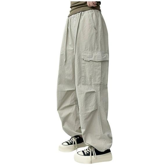 Ohufall Cotton Cargo Pants for Kids Casual Solid Elastic Waist Pant Children's Loose Wide Leg Cargo Trousers with Mulit Pockets, 5-16 Years