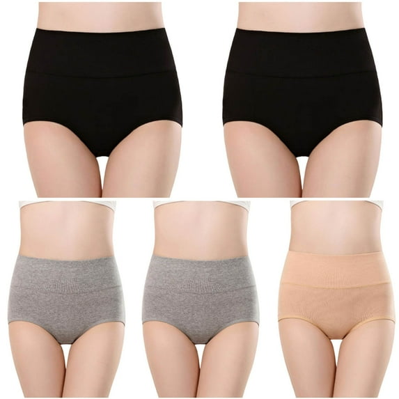 Ohufall Cotton High Waist Briefs Underwear for Women Plus Size Soft Breathable Seamless Hip Lift Tummy Control Panty,5-Pack