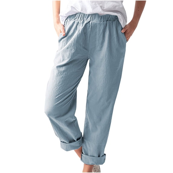 Wdfiry Cotton Linen Pants for Women Elastic Waist Straight Leg Pants Casual Loose Comfy Lounge Trousers with Pockets