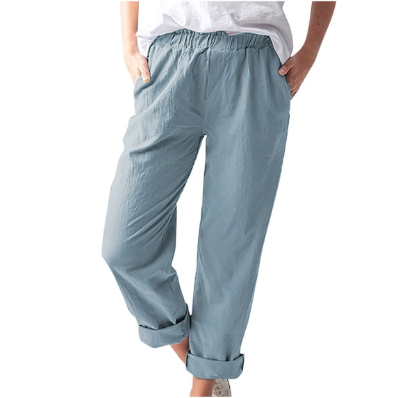Wdfiry Cotton Linen Pants for Women Elastic Waist Straight Leg Pants Casual Loose Comfy Lounge Trousers with Pockets