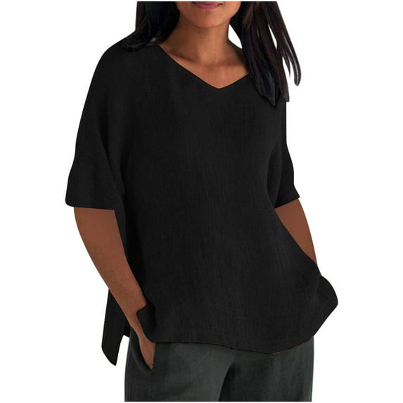 Wdfiry Cotton Linen Short Sleeved T Shirts for Women Fashion Casual Pullover Round Neck Blouse Tops Solid Color Comfortable Side Split T-shirts