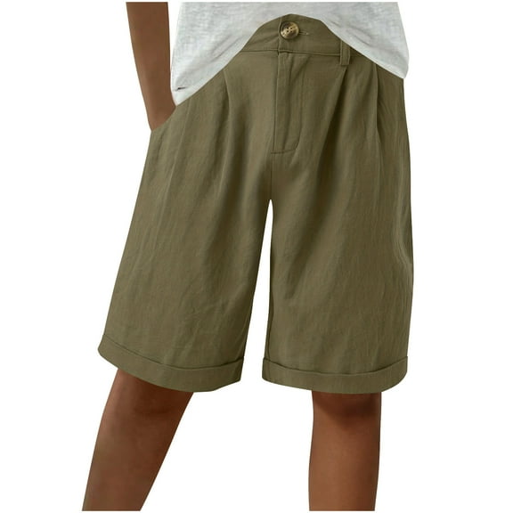 Ohufall Cotton Linen Shorts for Women Fashion Solid Color Casual Elastic High Waist Short Pants Plus Size Summer Loose Fit Comfort Beach Shorts with Pockets