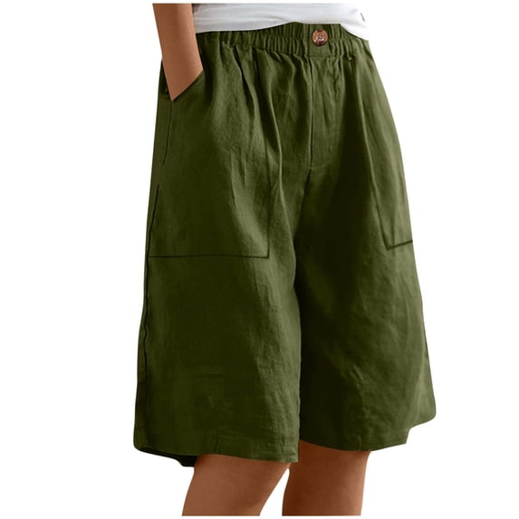 Wdfiry Cotton Linen Shorts for Women Summer Fashion Elastic High Waist Short Pants Casual Solid Color Wide Leg Knee Length Pants with Pockets