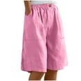 thumbnail image 1 of Ohufall Cotton Linen Shorts for Women Summer Fashion Elastic High Waist Short Pants Casual Solid Color Wide Leg Knee Length Pants with Pockets, 1 of 6