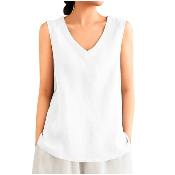 Wdfiry Cotton Linen Tank Tops for Women Fashion Casual Solid Color V-Neck Blouses Tops Summer Comfy Relaxed Fit Sleeveless Beach Shirts