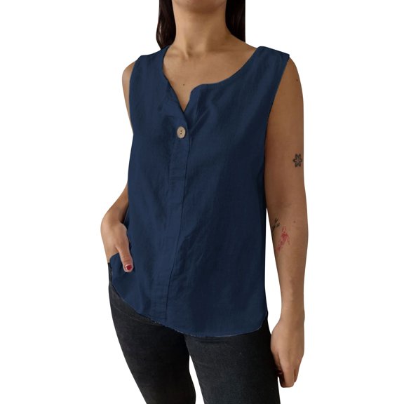 Ohufall Cotton Linen Tank Tops for Womens Fashion Solid Color Casual Button V-Neck Sleeveless Blouses Women's Plus Size Loose Fit Sleeveless Tops