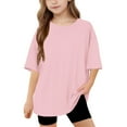 thumbnail image 1 of Ohufall Cotton Top T-Shirt for Middle and Large Children Girls Fashion Casual Solid Color Loose Short Sleeve Tops Round Neck Tops,5-15 Years, 1 of 7