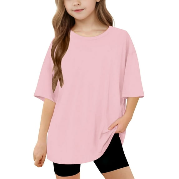 Ohufall Cotton Top T-Shirt for Middle and Large Children Girls Fashion Casual Solid Color Loose Short Sleeve Tops Round Neck Tops,5-15 Years