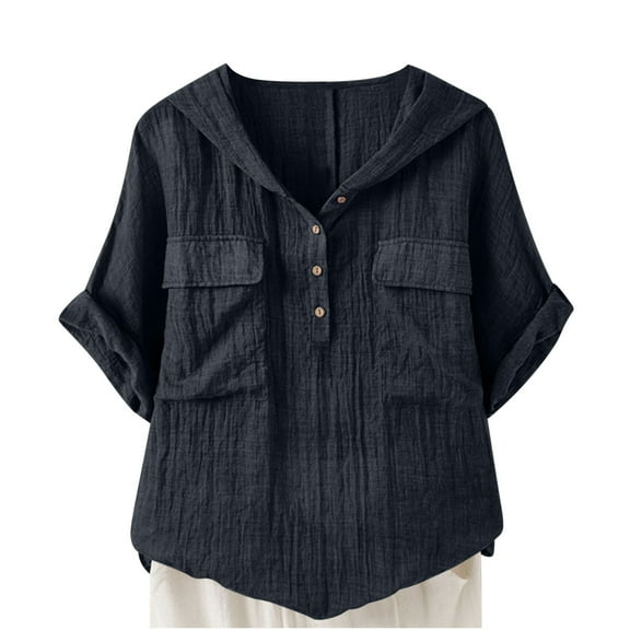 Ohufall Cotton and Linen Blouses for Women Fashion Solid Color Casual Button Short Sleeve Hooded Shirts Summer Lightweight Work T-shirts with Pockets