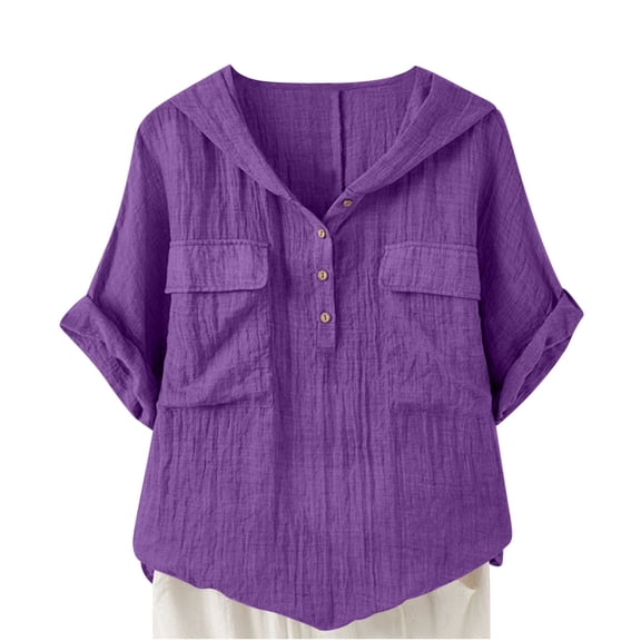 Ohufall Cotton and Linen Blouses for Women Fashion Solid Color Casual Button Short Sleeve Hooded Shirts Summer Lightweight Work T-shirts with Pockets