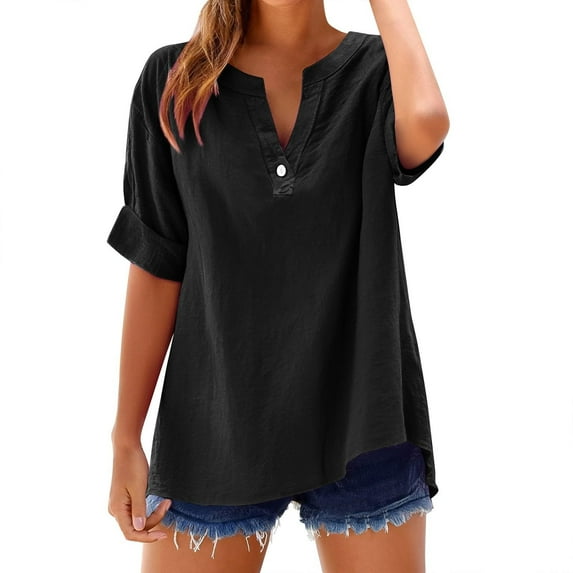 Ohufall Cotton and Linen Blouses for Women Plus Size Fashion Solid Color Casual Button Short Sleeve V-Neck Shirts Summer Comfy Outdoor Beach Shirts