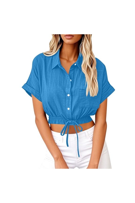 Crop Tops for Women Short Sleeve Fashion Casual Solid Color Lapel Button Down Blouses Summer Loose Comfy Cotton and Linen Shirt Tops