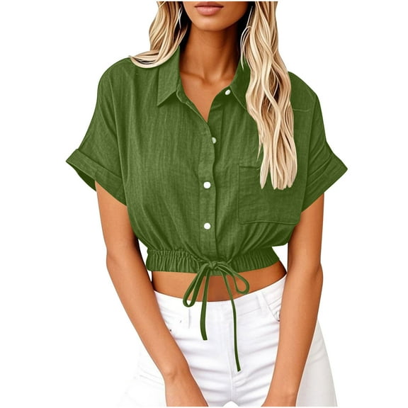 Ohufall Crop Tops for Women Short Sleeve Fashion Casual Solid Color Lapel Button Down Blouses Summer Loose Comfy Cotton and Linen Shirt Tops