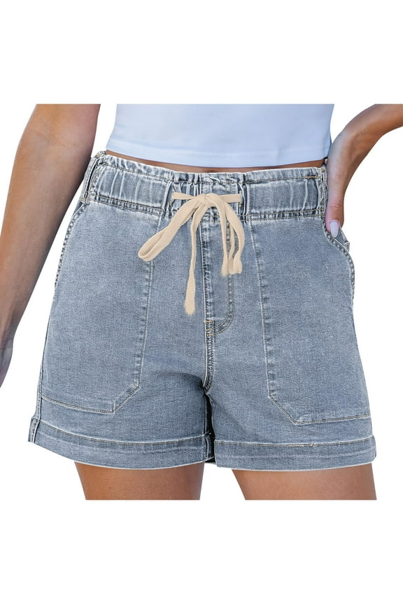 Denim Shorts for Women Plus Size Fashion Casual Elastic High Waist Drawstring Jean Shorts Summer Comfy Short Pants with Pockets